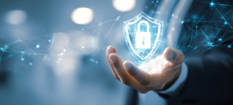 The hand holding a digital security shield represents modern protection technology.