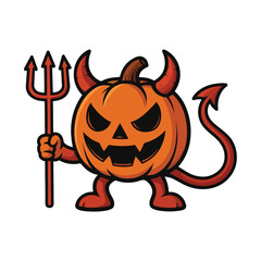 Cute Devil Pumpkin Character Holding Trident Halloween Vector