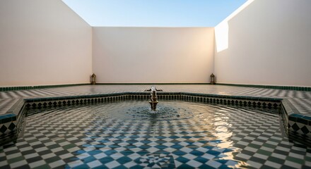Elegant water fountain in a sunlit traditional Moroccan riad courtyard with green and white mosaic tiles