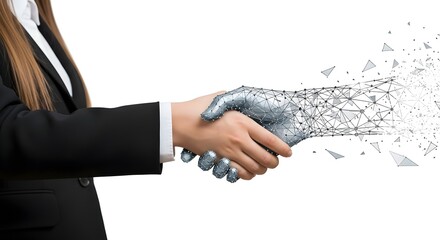 A businesswoman shaking hands with a digital hand against a white background in a studio shot