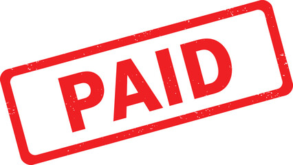 Red rectangular stamp with bold red paid text for financial transaction confirmation isolated on transparent background