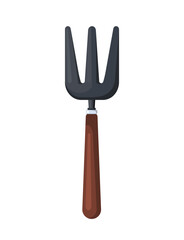 Garden fork with three metal prongs and a wooden handle used for loosening soil, removing weeds. Vector Not AI generated