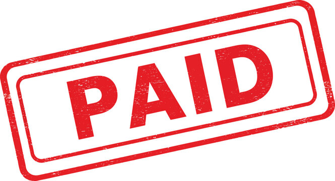 Red rectangle stamp clearly marked paid in bold red letters for business transactions isolated on transparent background