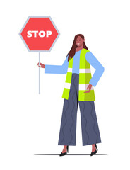  An african american woman in a reflective vest with a stop sign isolated on a white background. Road traffic safety. Vector Not AI generated