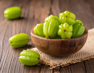 Fresh star fruit in wooden bowl on rustic table