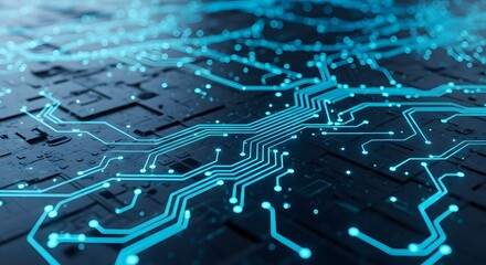 A close up of a dark circuit board with glowing blue lines and small points of light visible