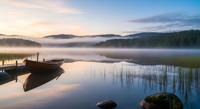 Calm lake scene with boat and fog at sunrise surrounded by trees and hills so serene - Powered by Adobe