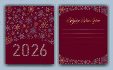set of red Christmas cards. Blue winter brochure covers set. Intricate New Year banner design with snowflakes decorative borders with space for text. Vector illustration for flyer, poster, card