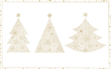 Set of Christmas trees composed of golden snowflakes. Festive holiday illustration for greeting cards, decorations, or digital backgrounds. Hand drawn New Years tree