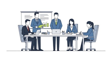 Business Professionals in a Conference Room Meeting with Presentation Board, Flat Design Illustration of Team Collaboration and Strategy Discussion