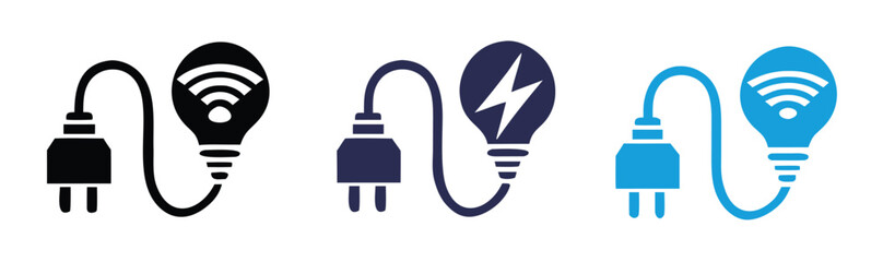 Empowering innovation with smart technology, a conceptual icon set showing a plugged-in lightbulb symbolizing ideas, electricity, and connectivity for digital solutions and modern business growth