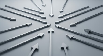 Numerous metallic arrows converge on a central point from various directions