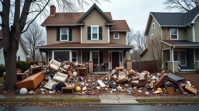 A neglected weathered wooden house sits abandoned on a street its front yard overflowing with piles of discarded household items and debris - Powered by Adobe