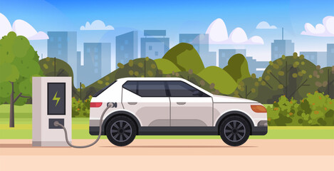 Electric vehicle plugged into a charging unit in a urban greenery and modern buildings. Promotes green energy and sustainable city living. Vector Not AI generated