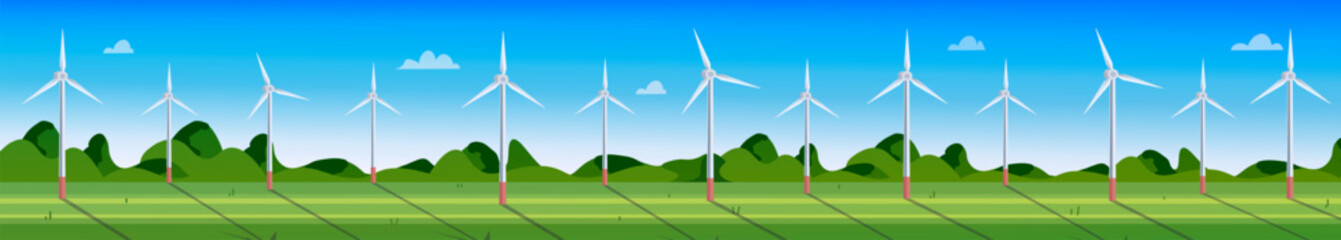 Fototapeta premium Illustration of wind turbines in a green field. Wind turbine farm. Sustainable or Green power concept. Vector Not AI generated