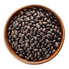 Fototapeta premium Overhead view of dark brown black beans in a wooden bowl legumes food cutout PNG isolated on a transparent background