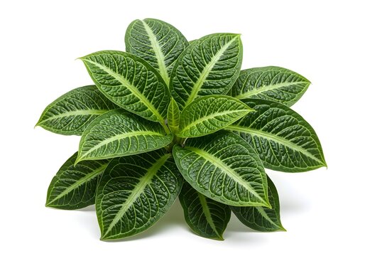 Close up of a green sanchezia plant with white veins on a white background studio shot