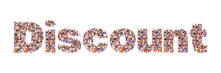 Large group of people forming the word Discount. Shopping sale promotion banner. Ideal for marketing, retail campaigns, and social engagement visuals. Vector. Not AI generated.