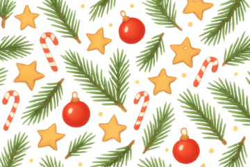 Christmas holiday pattern with fir tree branches, gingerbread stars, candy canes, and red ornaments creating festive background