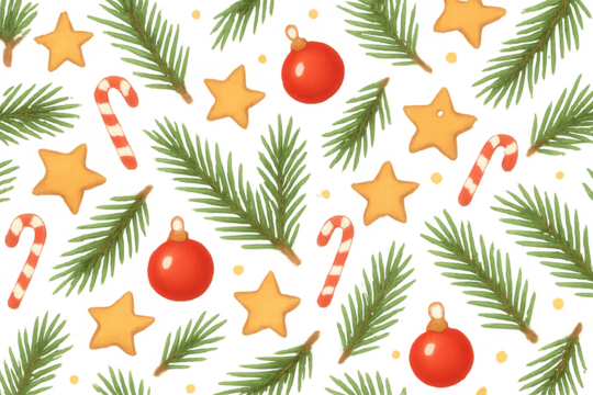 Christmas holiday pattern with fir tree branches, gingerbread stars, candy canes, and red ornaments creating festive background