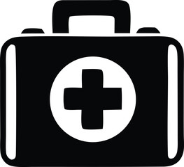 Simple black and white first aid kit icon with medical cross symbol representing emergency healthcare and medical supplies