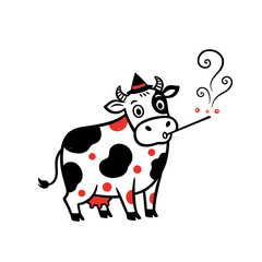 Vector art of cartoon cow wearing a witch hat and holding a magic wand