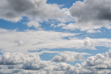 White and gray clouds in blue sky with shades of natural light in broad daylight