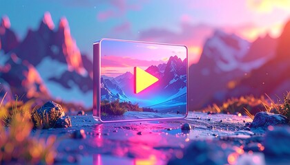 Play button on a digital display in a vibrant mountain landscape