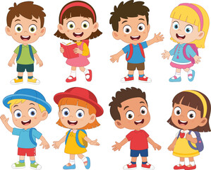 Happy and diverse school kids cartoon set with schoolbags, books, and different poses, including boys and girls, for an editable vector on white background.