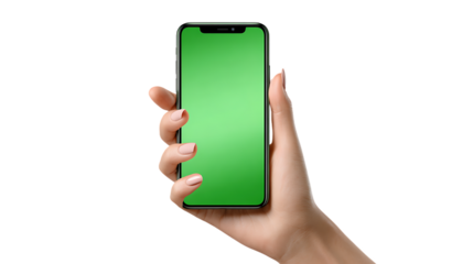 Hand holding a smartphone with a green screen isolated on transparent background