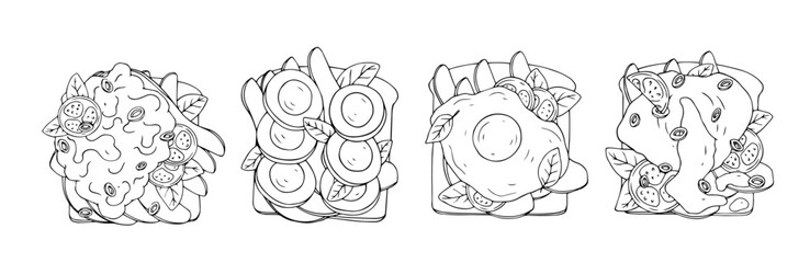 Set of line sketches of toasts with various toppings, vegetables, and herbs. Vector graphics.