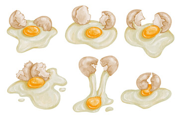 Set of cracked chicken eggs with leaking whites and yolks. Vector graphics.