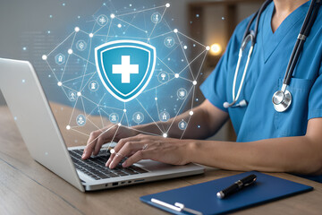 Healthcare professional with laptop and stethoscope overlaid with shield and tech icons — symbolizing digital health, cybersecurity, and medical innovation. generative ai