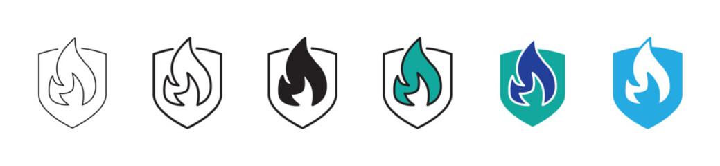 Fire protection shield icon. Safety emblem with a flame symbol representing fire prevention and security. Concept of heat resistance, hazard control and emergency sign.