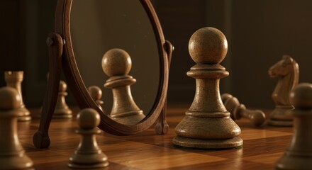 Chess pieces on a board with a mirror reflecting a pawn