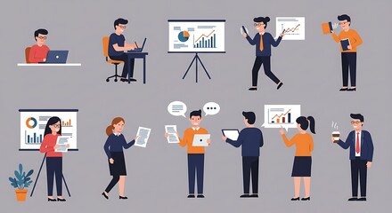 Illustration of various business professionals working with charts, laptops, and presentations in an office setting.