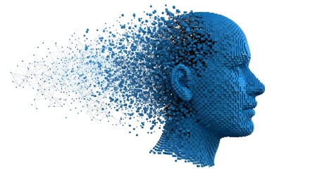 A digital blue head disintegrating into small cubes and connected lines on a white background