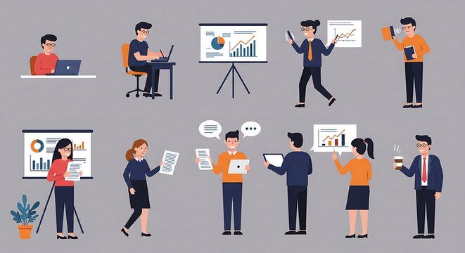 Illustration of various business professionals working with charts, laptops, and presentations in an office setting.