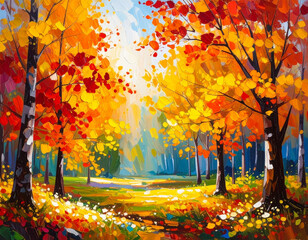 Oil painting colorful autumn season. Semi abstract image of forest, trees with yellow 