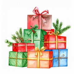 Watercolour stacked multi coloured Christmas presents gifts clipart on a white background