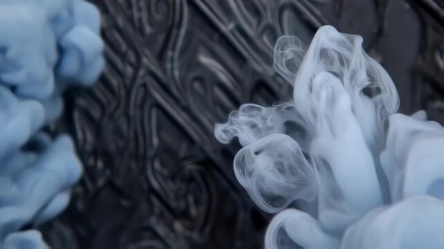 Light blue smoke swirls against a dark textured background