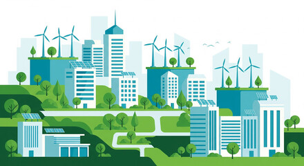Obraz premium Futuristic Eco Friendly Smart City Concept Illustration of a futuristic smart city with modern skyscrapers, renewable energy, green parks, and sustainable urban design