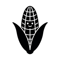 Minimal Glyph Corn Cob with Husk and Smiling Face Vector Illustration