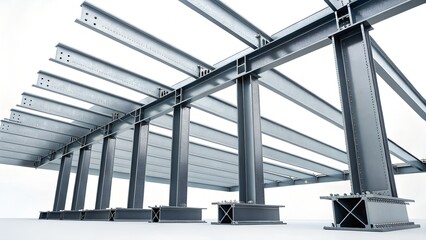 Steel beams and columns form a structural framework in a modern construction site. The design emphasizes strength and stability in architecture.