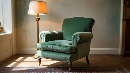 Cozy green velvet armchair bathed in warm sunlight by a floor lamp in a serene room.