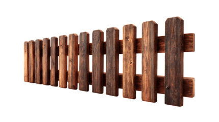 Weathered wooden fence with dark texture isolated on transparent background