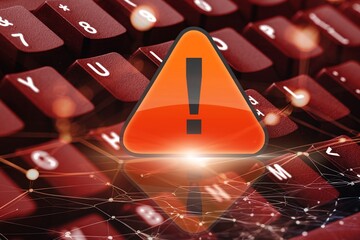 Red exclamation sign on keyboard for cybersecurity warning.