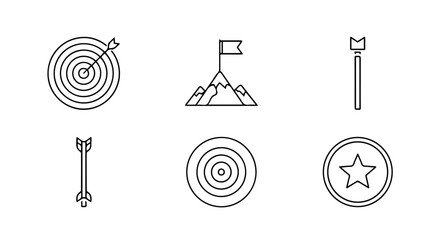 Collection of vector icons representing goals, achievement, success, and targets, including bullseye, mountain peak, flag, and arrow