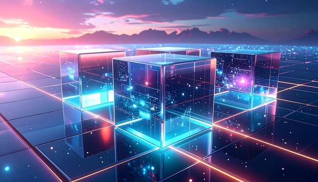 Digital cubes on a futuristic landscape