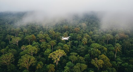 Fototapeta premium Aerial view of a white drone flying above a dense, misty tropical rainforest canopy, capturing the serene and ethereal beauty of nature and technology combined for exploration or monitoring.